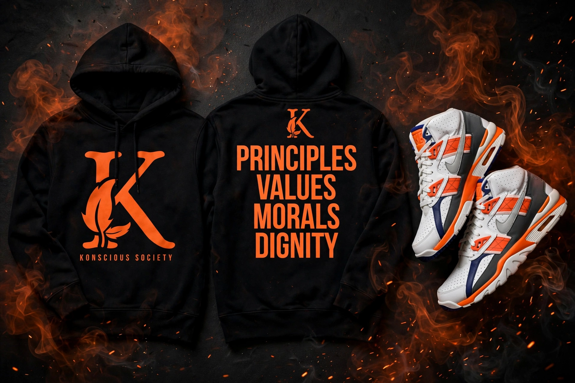 Golden Era Collection hoodie in the Bo Jackson colorway — oversized orange K-with-leaf on black, back reading Principles, Values, Morals, Dignity, beside the matching retro trainers