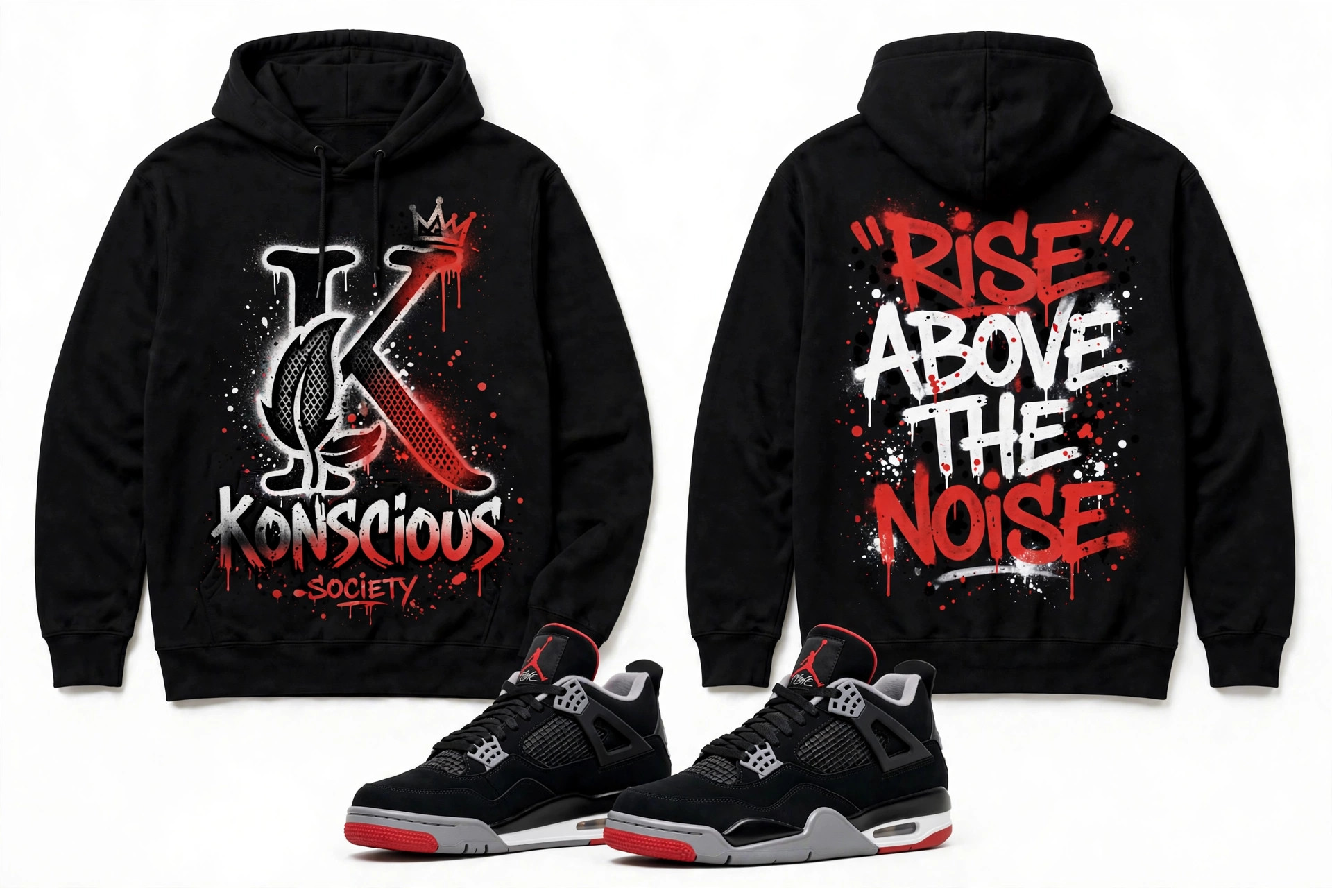 AJ4 graffiti hoodie in the Bred colorway — front K with crown, back reading Rise Above the Noise, with AJ4 Bred sneakers