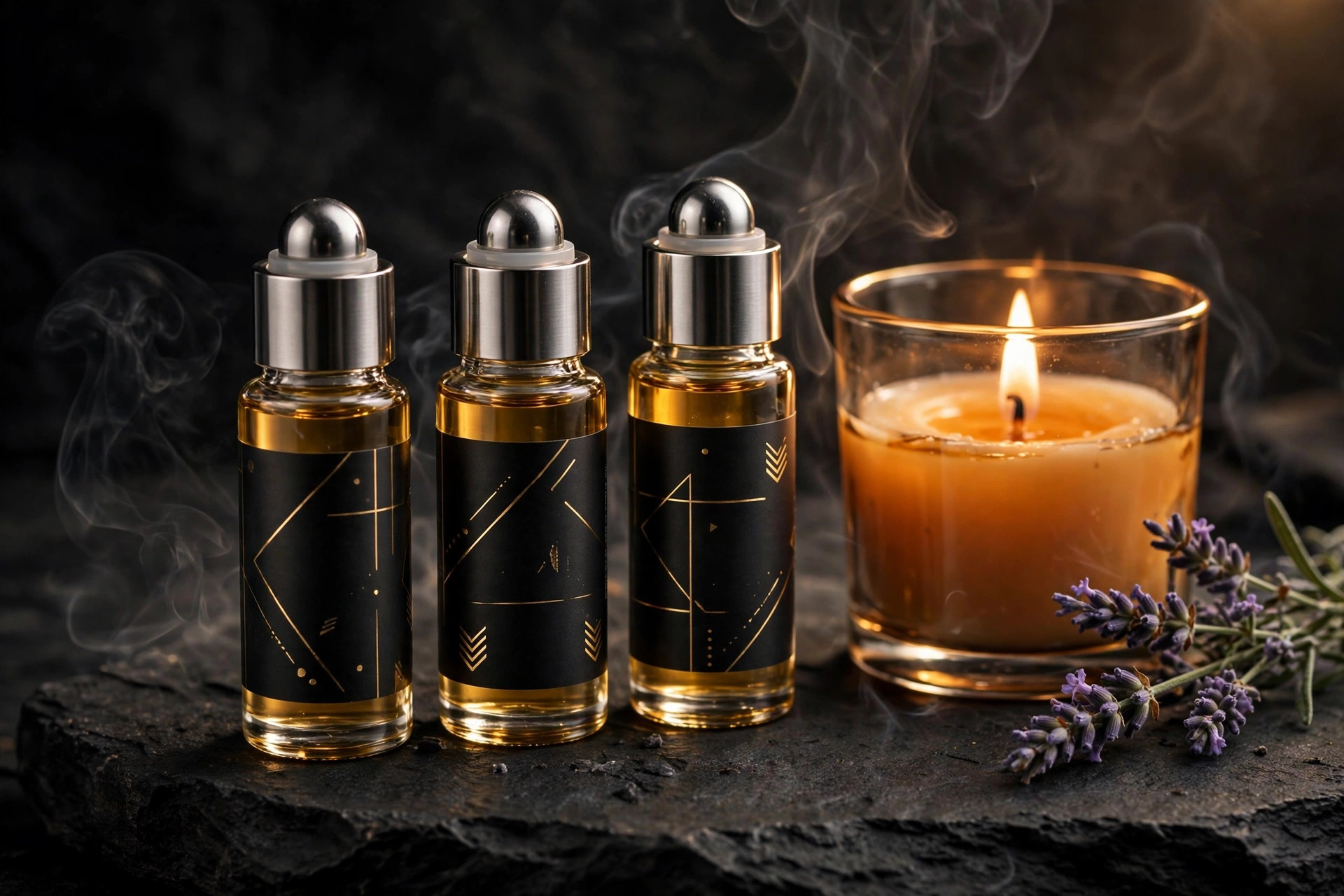 Three Anointing and Grounding Oil roll-ons with matte black and gold labels beside a lit candle and lavender