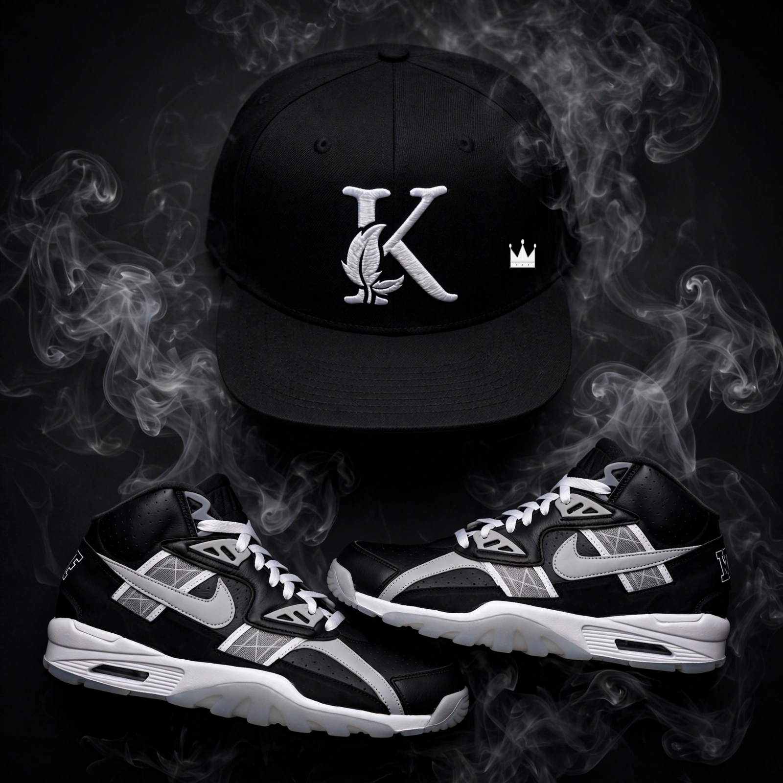 Golden Era snapback with embroidered white K-with-leaf and crown side hit, above black and white Trainer SC sneakers in smoke